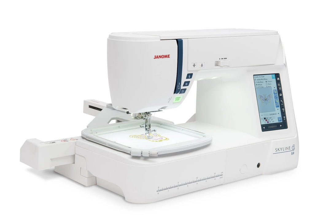 Janome Skyline S9 embroidery machine in action with hoop attachment and wireless design display on screen.