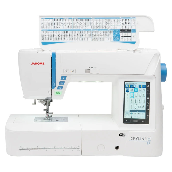 Janome Skyline S9 sewing machine with top stitch chart open, highlighting extensive built-in stitches and touchscreen interface.