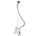 Jiffy 1221 J-2000 clothing steamer with plastic steam head, standing full-length on caster wheels with hose and metal rod assembly, professional garment steamer for fast wrinkle removal.