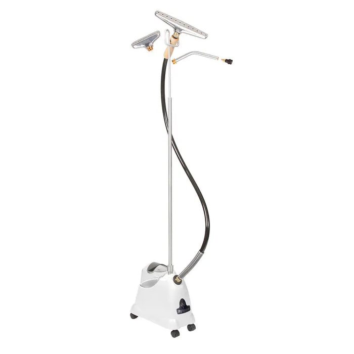 Jiffy 1251 J-2000I Multipurpose Steamer with I-Head Nozzle Kit standing upright, shown with adjustable pole, hose, and interchangeable aluminum steam heads for home and professional fabric care.