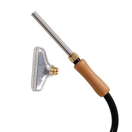 Close-up of the Jiffy J-4000A upholstery steamer nozzle and aluminum steam head attachment designed for auto and fabric detailing.