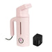 Jiffy ESTEAM Pink Travel Steamer shown with included universal voltage converter, portable garment steaming set for international travel.