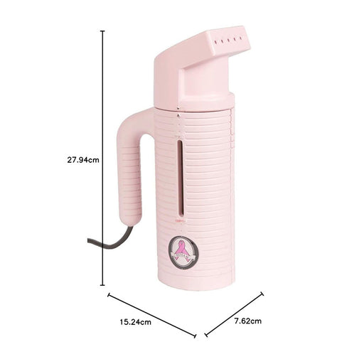 Jiffy ESTEAM Pink Travel Steamer with product dimensions shown, compact portable garment steamer for travel and small spaces.