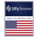 Jiffy Steamer Made in the USA logo highlighting American-made garment steamers since 1940.