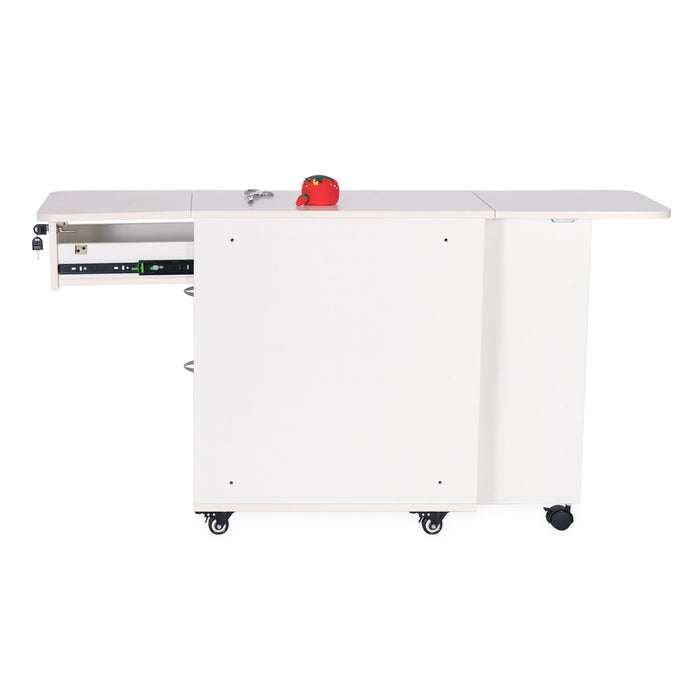 Side view of Kangaroo Adelaide Storage Cabinet K4731 in Ash White featuring extended quilt leaf and smooth-glide drawer track system.