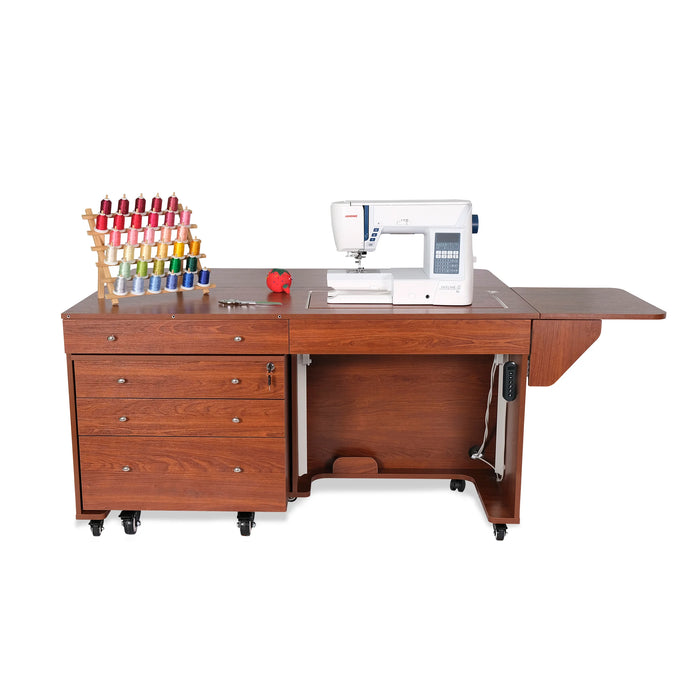Kangaroo & Joey Dual Rail Electric Sewing Cabinet with sewing machine and thread rack in teak finish