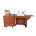 Kangaroo & Joey Dual Rail Electric Sewing Cabinet with sewing machine and thread rack in teak finish
