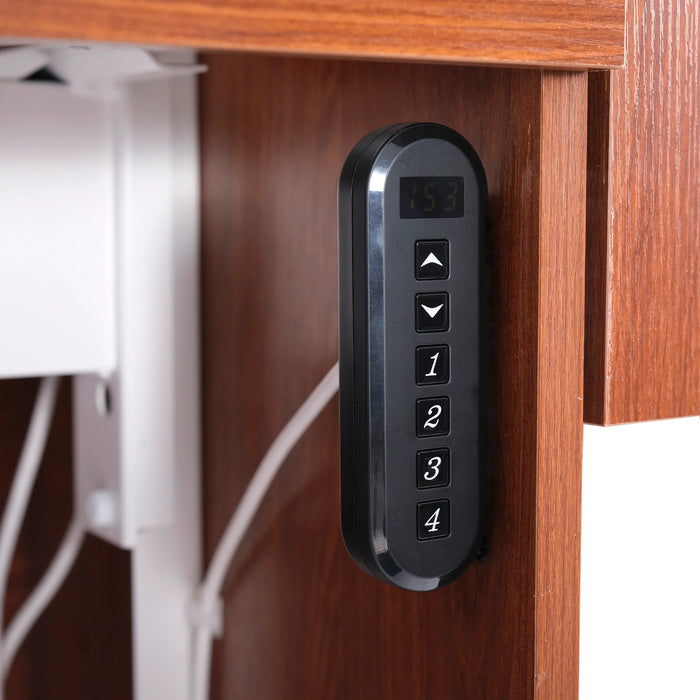 Close-up of programmable dual rail electric lift control panel on sewing cabinet