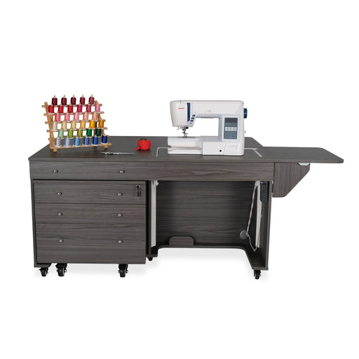 Kangaroo & Joey Dual Rail Electric Sewing Cabinet in gray finish with sewing machine and thread rack