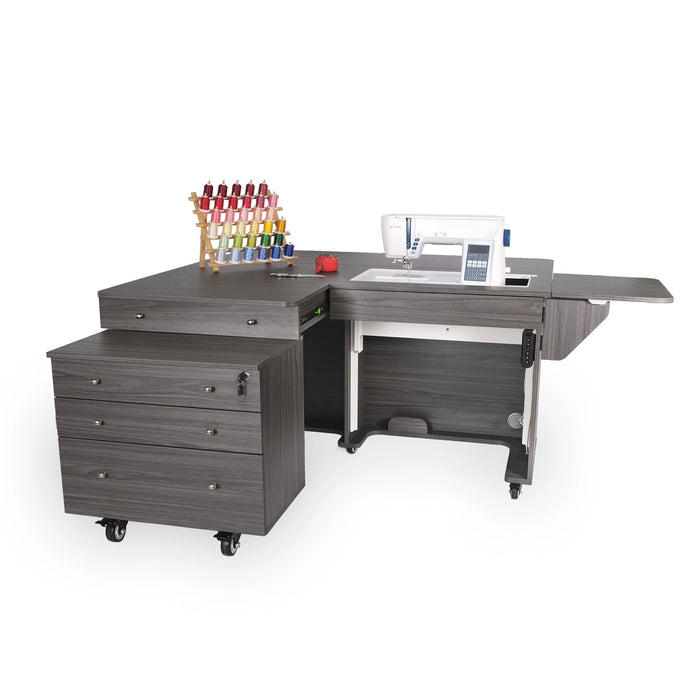 Gray Kangaroo & Joey electric lift sewing cabinet with extended workspace and rolling Joey storage caddy