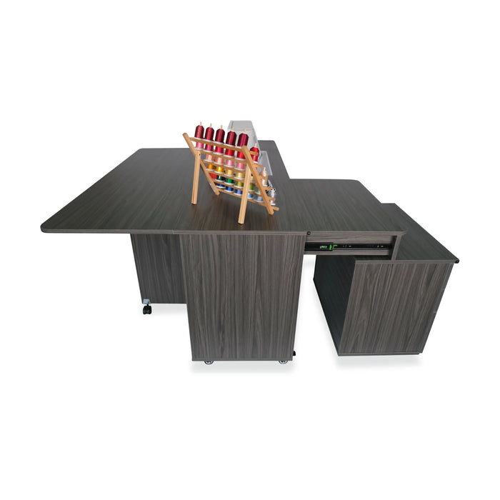 Side and back view of Kangaroo & Joey sewing cabinet in gray with extended quilt leaf