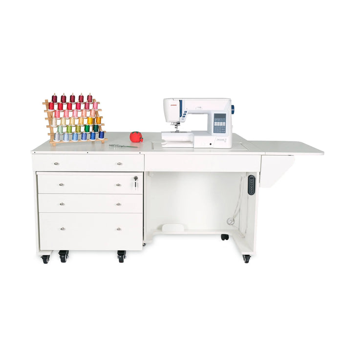 White Kangaroo & Joey Dual Rail Electric Sewing Cabinet with sewing machine and thread rack on workspace