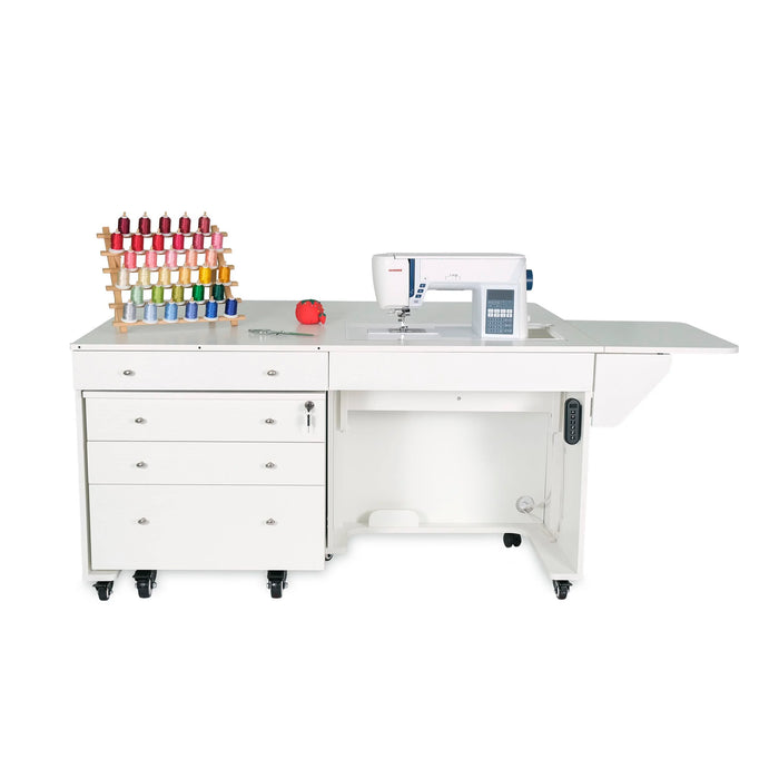 Front view of white Kangaroo & Joey electric sewing cabinet with machine lift opening visible