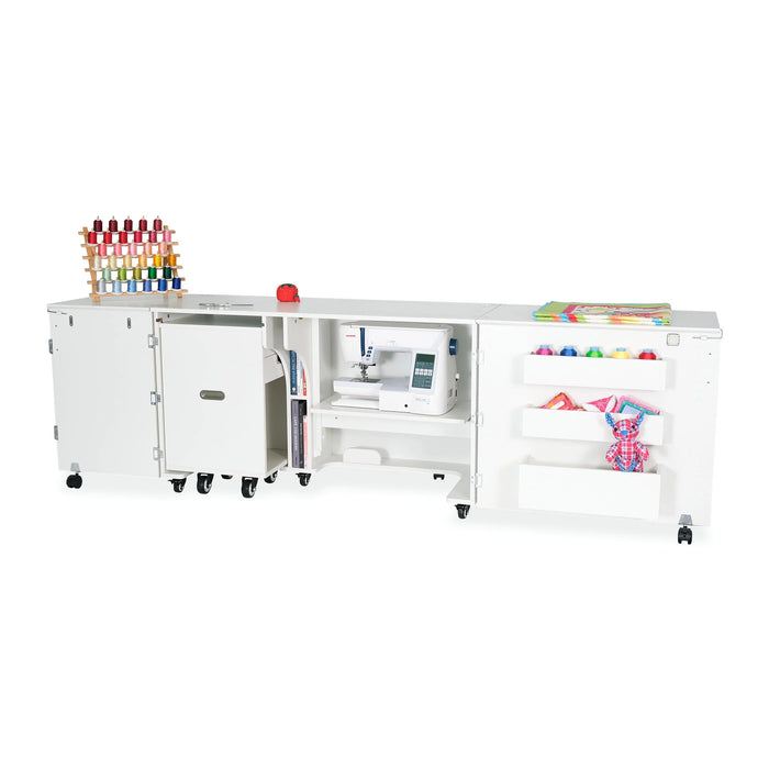 Kangaroo Aussie Sewing Cabinet K8611 in White with sewing machine lowered into hydraulic lift storage configuration.