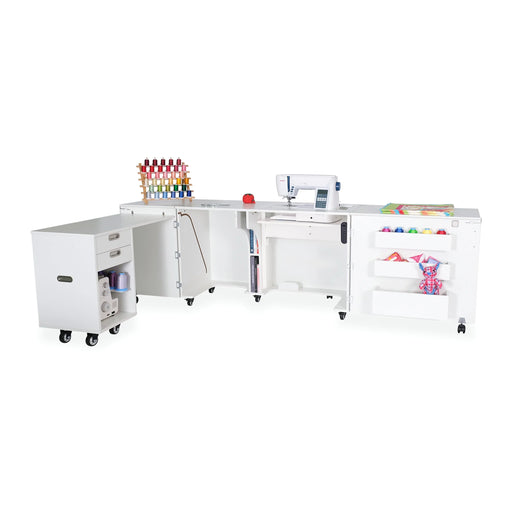 White Kangaroo Aussie Sewing Cabinet K8611EL shown open with rolling caddy, electric sewing machine lift, and extended quilting workstation.