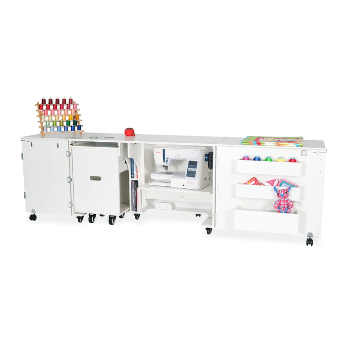 Kangaroo Aussie Sewing Cabinet K8611EL in White with sewing machine lifted to flat-bed position using electric lift mechanism.