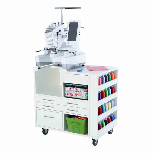 Kangaroo Ava Embroidery Cabinet 93018 with Brother and Baby Lock multi-needle embroidery machine, showing thread racks, storage drawers, and workspace on heavy-duty caster wheels.