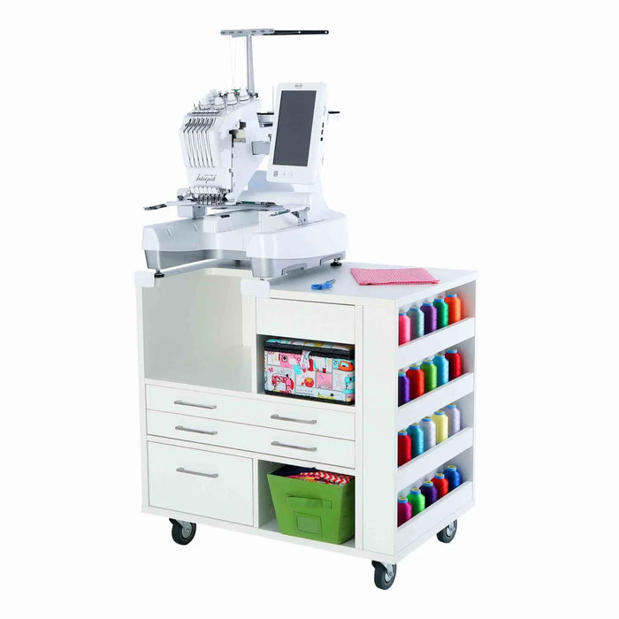Kangaroo Ava Embroidery Cabinet 93018 with Brother and Baby Lock multi-needle embroidery machine, showing thread racks, storage drawers, and workspace on heavy-duty caster wheels.