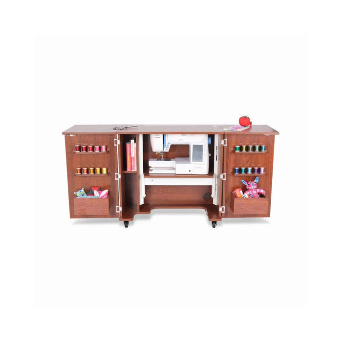 Kangaroo Bandicoot Sewing Cabinet in Teak K8205 with sewing machine displayed, open storage doors, thread racks, and interior shelving for sewing organization.