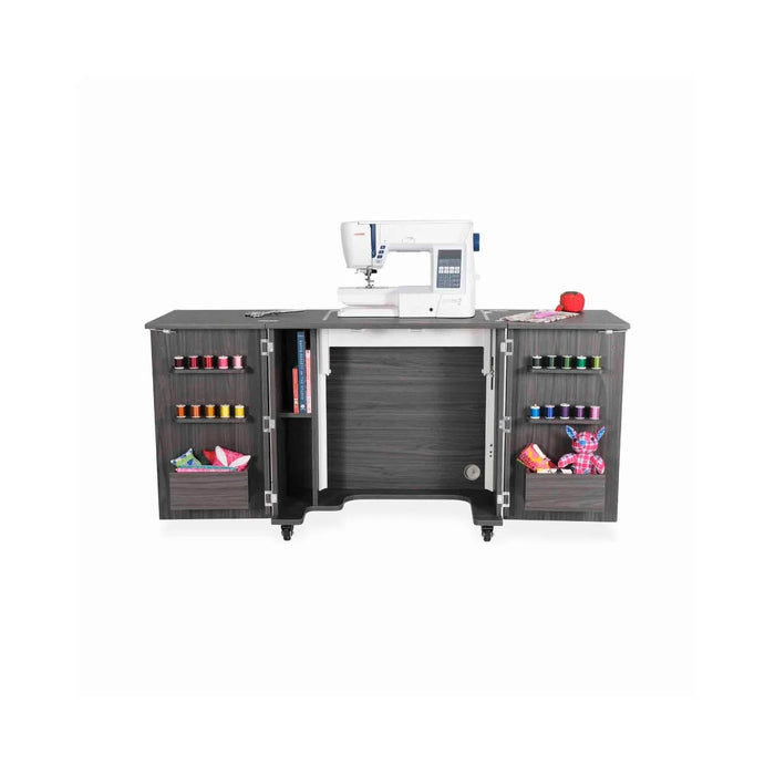 Kangaroo Bandicoot Sewing Cabinet in Gray K8207 shown open with sewing machine, thread racks, door storage, and interior shelving for organized sewing.