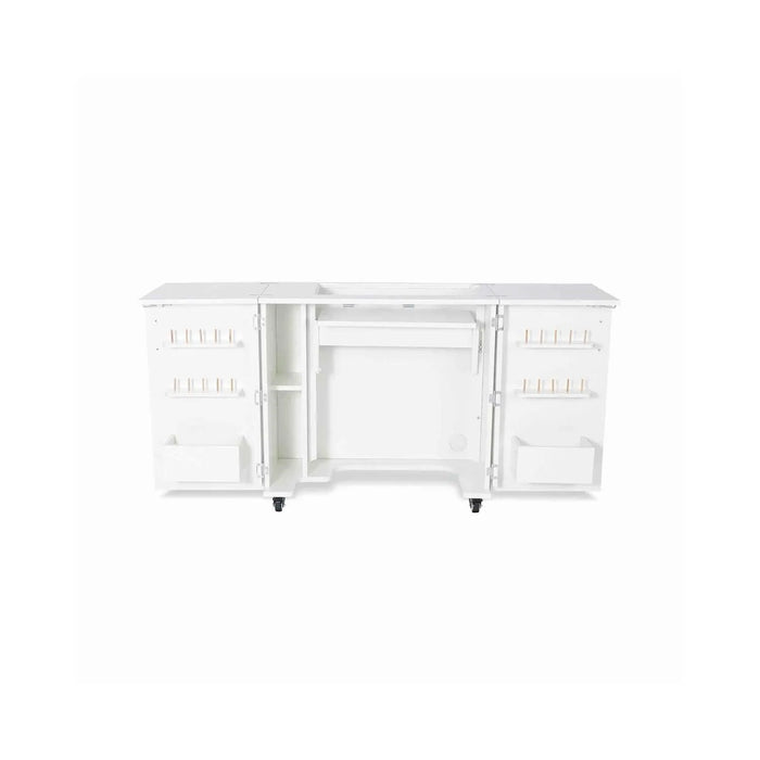 Kangaroo Bandicoot Sewing Cabinet in Ash White K8211 open without machine, featuring hydraulic lift platform, thread spool racks, and spacious interior storage.
