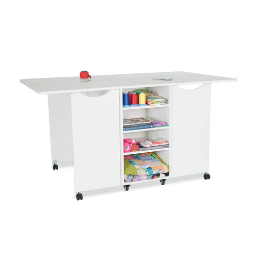 Ash White Kangaroo Kookaburra Cutting Table with extended work surface and open rear storage shelves for sewing, quilting, and crafting supplies.