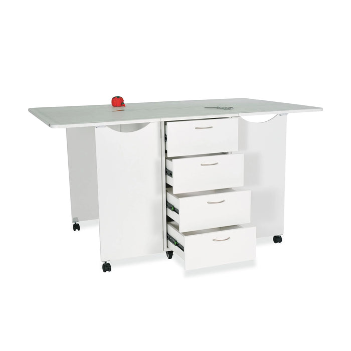 Ash White Kangaroo Kookaburra Cutting Table with front drawers open, highlighting four spacious storage drawers for sewing notions and craft accessories.