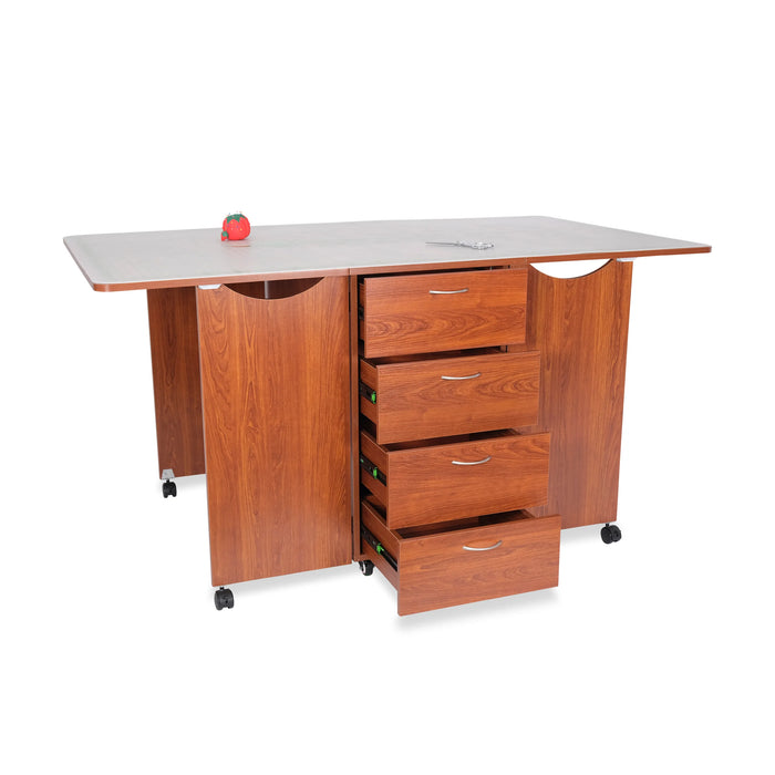 Kangaroo Kookaburra Cutting Table with front drawers open, showing four spacious storage drawers for sewing and quilting tools.