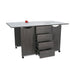 Gray Kangaroo Kookaburra Cutting Table with front drawers open, displaying four spacious storage drawers for sewing tools and craft accessories.