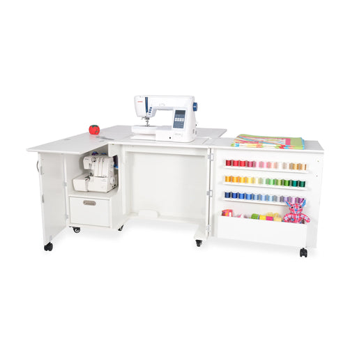 Kangaroo Wallaby Sewing Cabinet K8411 in White shown open with sewing machine, serger storage, and full thread rack display.