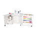Kangaroo Wallaby Sewing Cabinet K8411 in White shown open with sewing machine, serger storage, and full thread rack display.