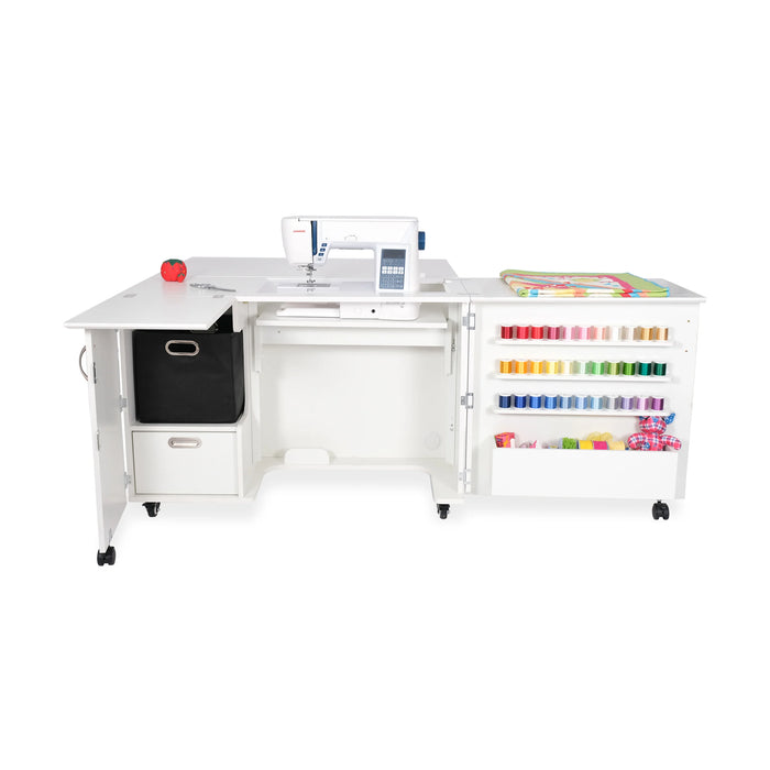 Kangaroo Wallaby Sewing Cabinet K8411 in White with serger storage area, deep drawer, and extended sewing table configuration.