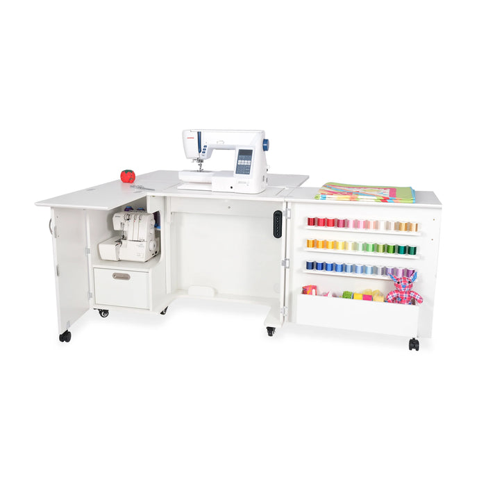 Wallaby Dual Rail Electric Sewing Cabinet in White shown open with sewing machine, serger storage, and large thread racks.