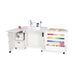 Wallaby Dual Rail Electric Sewing Cabinet in White shown open with sewing machine, serger storage, and large thread racks.
