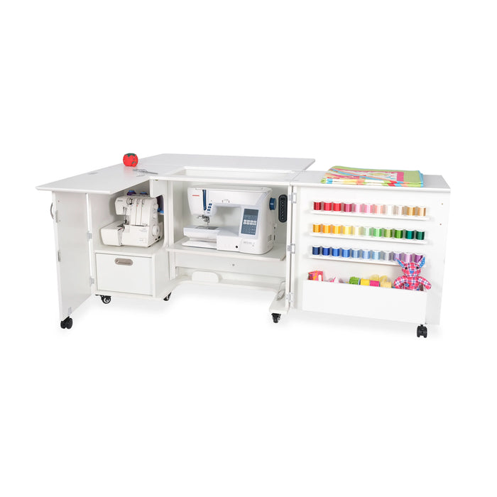 Wallaby Electric Sewing Cabinet in White displaying dual rail lift lowered with sewing machine stored inside.
