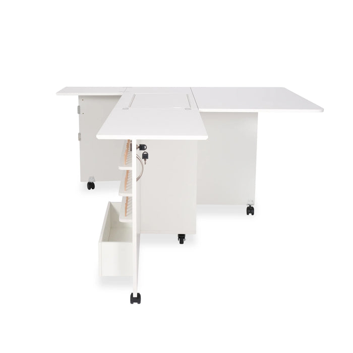 Side angle of the Wallaby Sewing Cabinet in White featuring thread shelves and rear quilt leaf extension.