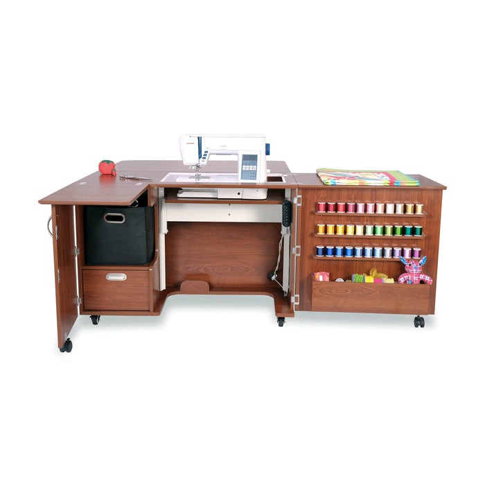 Wallaby Electric Sewing Cabinet in Teak with expanded work surface and serger storage compartment.