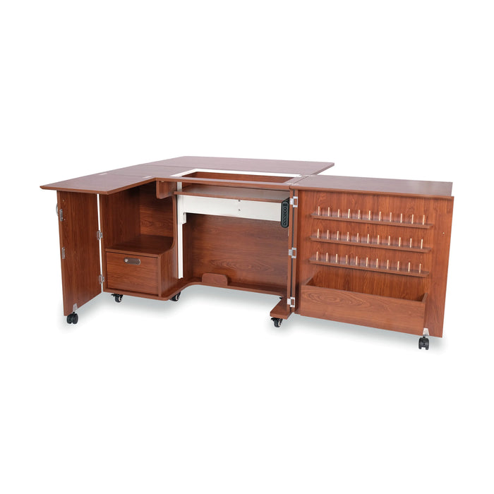 Empty Kangaroo Wallaby Electric Sewing Cabinet in Teak showing storage compartments and workspace layout.
