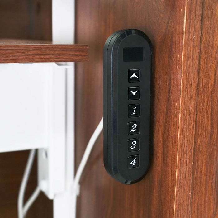 Close-up of programmable dual rail electric lift control panel on Wallaby Sewing Cabinet in Teak.