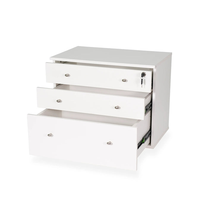 Kangaroo Joey Storage Cabinet in Ash White K7811 with soft-close drawers open, ideal for sewing and craft room organization.