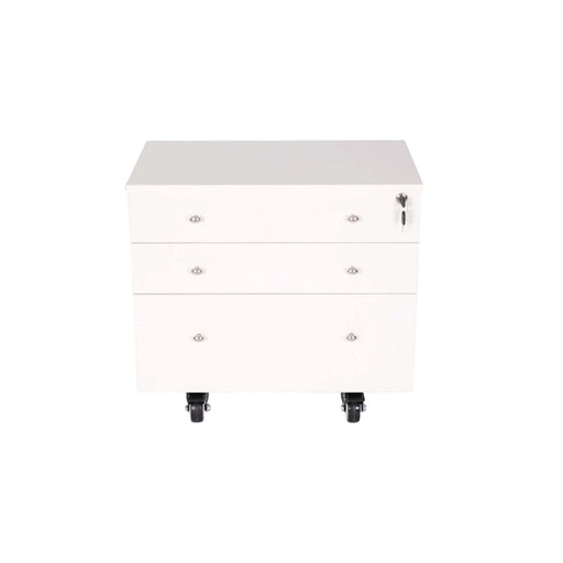 Front view of Kangaroo Joey Storage Cabinet in Ash White K7811 featuring three drawers, locking top drawer, and rolling casters.