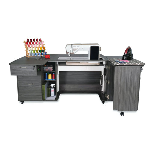 Kangaroo Sydney Dual Rail Electric Sewing Cabinet in gray finish shown open with sewing machine installed, expandable work surface, storage drawers, and ironing station.