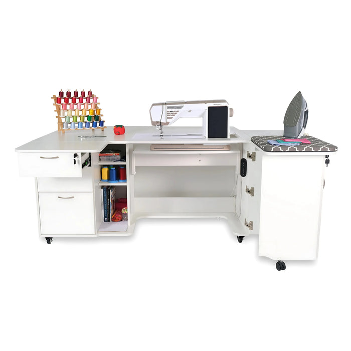 Kangaroo Sydney Dual Rail Electric Sewing Cabinet in white finish shown open with sewing machine installed, storage shelves, drawers, and ironing station.