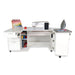 Kangaroo Sydney Dual Rail Electric Sewing Cabinet in white finish shown open with sewing machine installed, storage shelves, drawers, and ironing station.