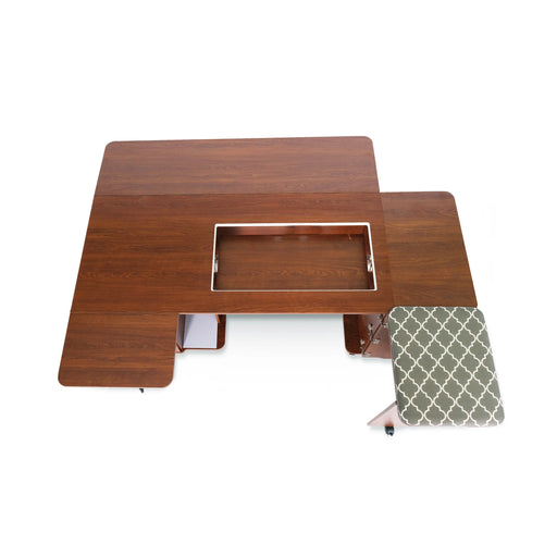 Kangaroo Sydney Hydraulic XL Sewing Cabinet top view with extended work surface, XL machine opening, and fold-out quilting leaves in teak finish.