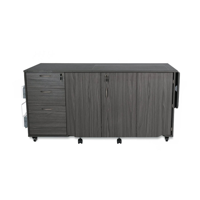 Closed Kangaroo Sydney Hydraulic XL Sewing Cabinet in gray woodgrain with locking drawers and compact fold-away design on rolling casters.