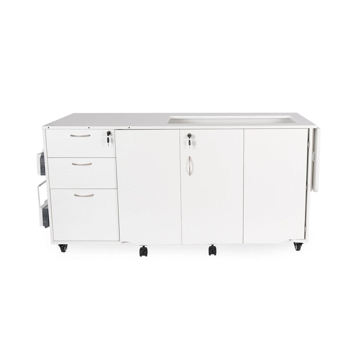 Closed Kangaroo Sydney Hydraulic XL Sewing Cabinet in white featuring locking drawers, fold-away design, and extra-large machine lift opening.