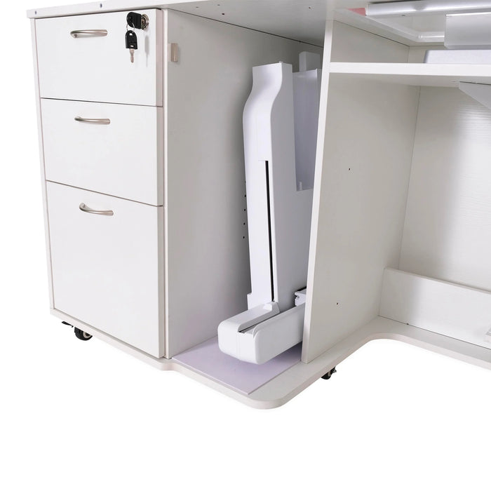 Embroidery arm storage compartment inside the Kangaroo Sydney Hydraulic XL Sewing Cabinet in white with adjustable shelves and smooth-rolling casters.