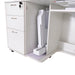 Embroidery arm storage compartment inside the Kangaroo Sydney Hydraulic XL Sewing Cabinet in white with adjustable shelves and smooth-rolling casters.