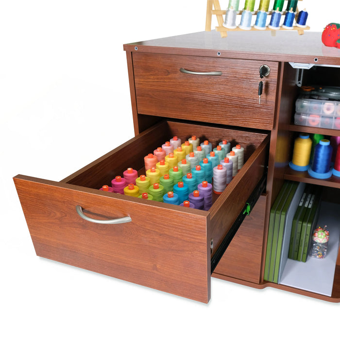 Kangaroo Sydney Lite XL Sewing Cabinet open drawer displaying organized thread storage with colorful embroidery spools.